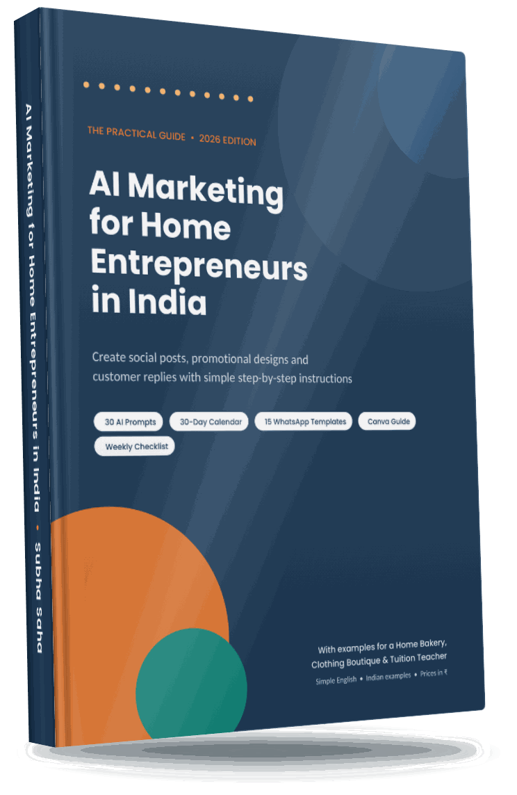 3D mockup of the eBook “AI Marketing for Home Entrepreneurs in India”, showing highlights: 30 AI prompts, 30-day calendar, 15 WhatsApp templates, Canva guide and weekly checklist.